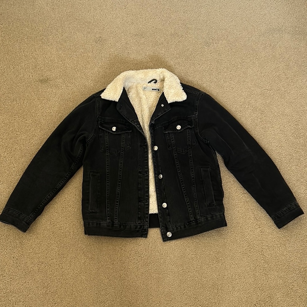 Topshop Sherpa Lined Quilted Boyfriend Trucker Denim Jacket Black Sz S